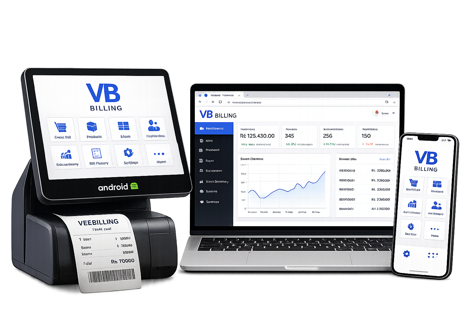 V Billing Android POS machine, laptop web dashboard and mobile app